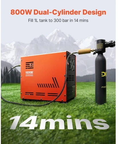 Koduva VEVOR PCP oro kompresorius, 800 W dviejų cilindrų, 4500 PSI/30 MPa, su aušinimo ventiliatoriumi ir automatiniu sustabdymu