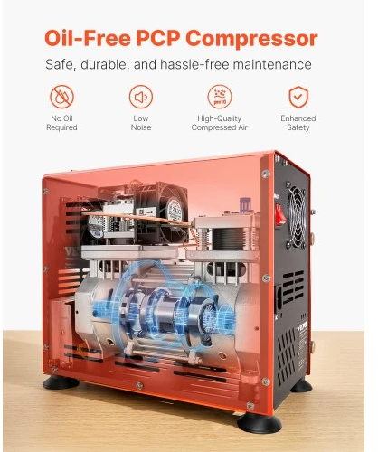 Koduva VEVOR PCP oro kompresorius, 800 W dviejų cilindrų, 4500 PSI/30 MPa, su aušinimo ventiliatoriumi ir automatiniu sustabdymu