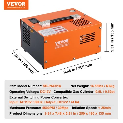 Koduva VEVOR PCP oro kompresorius SS-PAC01B, 4500 PSI / 30 MPa, DC12V, AC230V