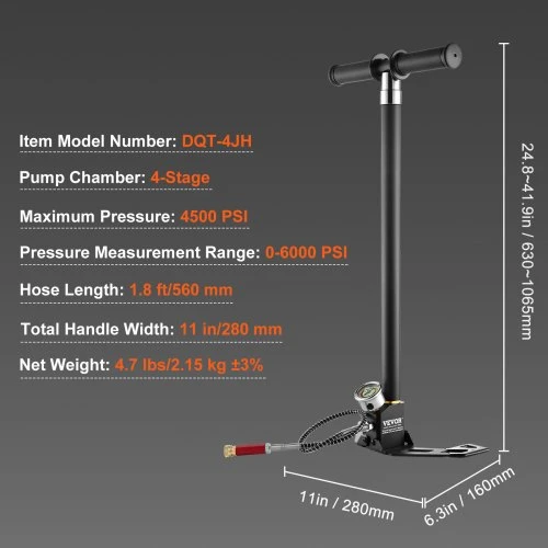 Koduva VEVOR PCP rankinė pompa, 4 pakopų, 30 MPa / 4500 PSI, su alyvos ir drėgmės filtru bei manometru