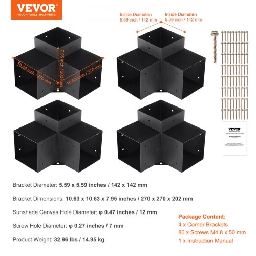 Koduva VEVOR pergolos kronšteinų rinkinys 6'' x 6'' (vidinis dydis 5,6 x 5,6), 4 vnt. 3 krypčių kampiniai kronšteinai