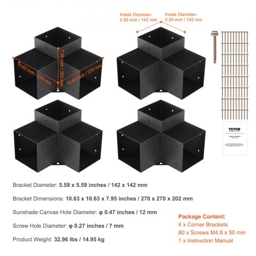 Koduva VEVOR pergolos kronšteinų rinkinys 6'' x 6'' (vidinis dydis 5,6 x 5,6), 4 vnt. 3 krypčių kampiniai kronšteinai