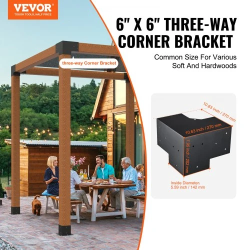 Koduva VEVOR pergolos kronšteinų rinkinys 6'' x 6'' (vidinis dydis 5,6 x 5,6), 4 vnt. 3 krypčių kampiniai kronšteinai
