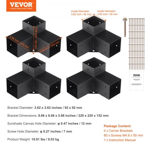 VEVOR Pergolos laikiklio rinkinys 10,2 cm x 10,2 cm, 4 vnt., trijų krypčių kampiniai laikikliai