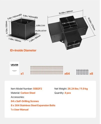 VEVOR Pergolos laikiklio rinkinys 6x6 col., 2 vnt., 4 krypčių, tvirto plieno
