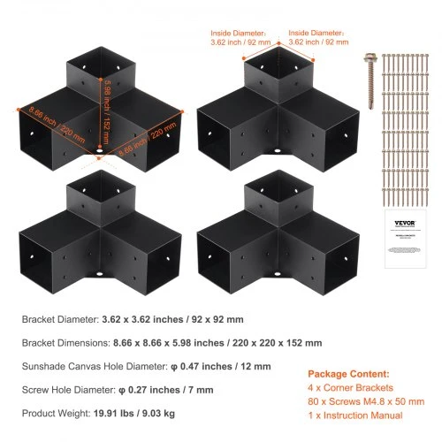 VEVOR Pergolos laikiklio rinkinys 10,2 cm x 10,2 cm, 4 vnt., trijų krypčių kampiniai laikikliai