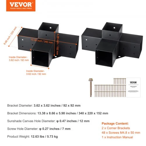 VEVOR Pergolos laikiklių rinkinys, 10,2 x 10,2 cm, vidinis dydis 9,1 x 9,1 cm, 2 vnt., 4 krypčių