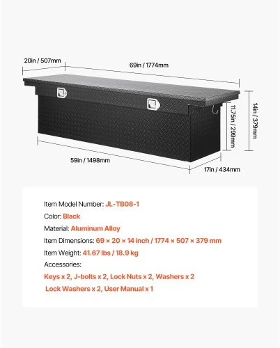 Koduva VEVOR pervažiavimo sunkvežimio įrankių dėžė, 69x20x14 col., aliuminė, juoda