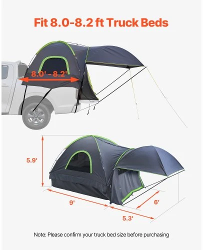 Koduva VEVOR pickup truck tentas 8.0–8.2 ft, 2–3 asmenims, Oxford audinys, su išplečiamu tentu