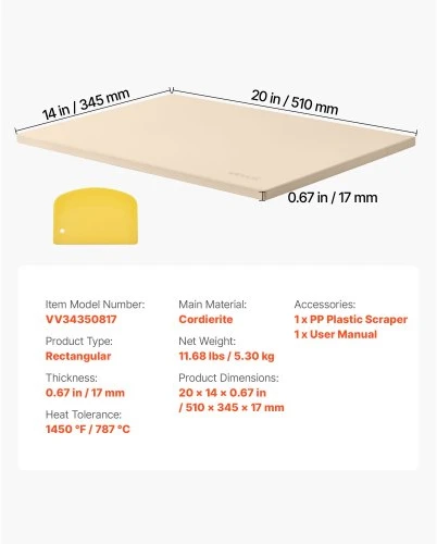 Koduva VEVOR picos akmuo, stačiakampis kordierito, 508 x 355 mm, 17 mm, su PP grandikliu