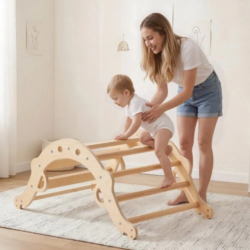 Koduva VEVOR Pikler trikampio rinkinys, 9 viename, sulankstomas Montessori laipiojimo rinkinys vaikams, su 2 mediniais automobiliais, pagalvėle, trikampiu, arka ir rampa, natūralaus medžio