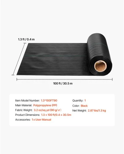 VEVOR Piktžolių barjerinė danga, 1,3 x 100 FT, 3,2 oz, juoda