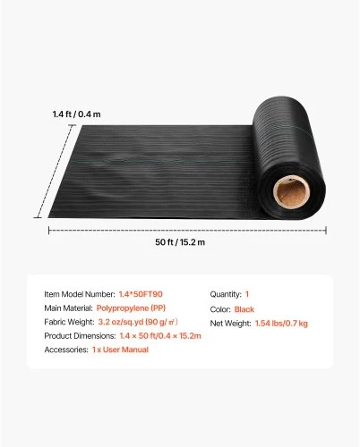 Koduva VEVOR piktžolių barjerinis audinys, 1,4 x 50 ft, 3,2 oz, juodas