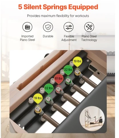 VEVOR Pilates reformeris, medinis, su dvigubu pasipriešinimu, reformerio dėže ir šuolio lenta, iki 400 lbs