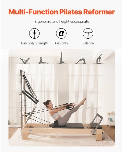 VEVOR Pilates reformeris, medinis, su dvigubu pasipriešinimu, reformerio dėže ir šuolio lenta, iki 400 lbs