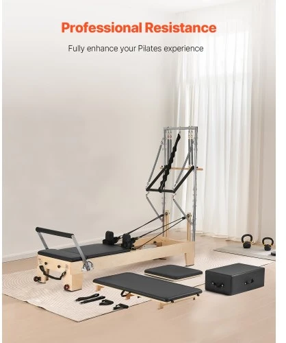 VEVOR Pilates reformeris, medinis, su dvigubu pasipriešinimu, reformerio dėže ir šuolio lenta, iki 400 lbs