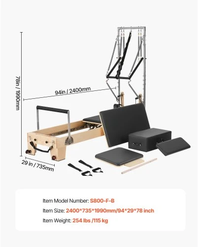VEVOR Pilates reformeris, medinis, su dvigubu pasipriešinimu, reformerio dėže ir šuolio lenta, iki 400 lbs