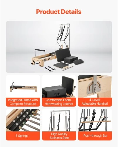 VEVOR Pilates reformeris, medinis, su dvigubu pasipriešinimu, reformerio dėže ir šuolio lenta, iki 400 lbs