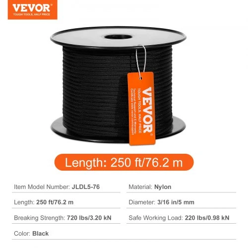 VEVOR Pinta nailono virvė, 0,48 cm x 76,2 m, 32 gijų, juoda