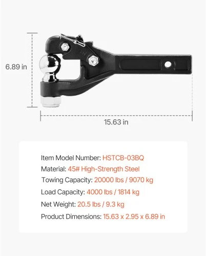 VEVOR Pintle hook, 20000 lbs, juodas, 397 x 75 x 175 mm