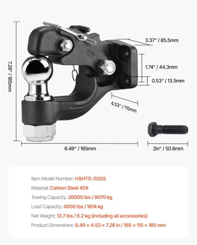 VEVOR Pintle hook HSHTG-02SQ, 2 colių prikabinimo rutulys, juodas