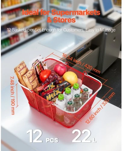 Koduva VEVOR pirkinių krepšeliai, 12 vnt., 22 l, raudoni, metaliniai, su rankenomis