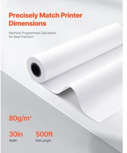 VEVOR Plačiaformatis popierius braižytuvui, 762 mm x 152,4 m, 2 ritiniai, 76,2 mm šerdis, 80 g/m²