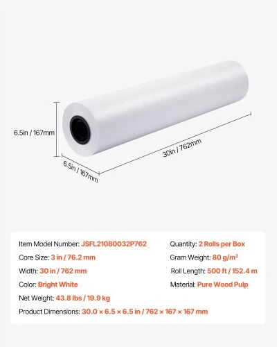 VEVOR Plačiaformatis popierius braižytuvui, 762 mm x 152,4 m, 2 ritiniai, 76,2 mm šerdis, 80 g/m²