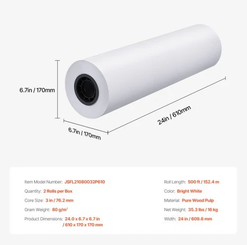 Koduva VEVOR plačiaformatis popierius ploteriui, 61 cm x 152,4 m, 2 ritiniai, 7,62 cm šerdis