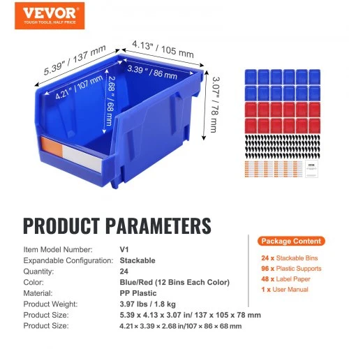 Koduva VEVOR plastikinė laikymo dėžė V1, mėlyna/raudona, 24 vnt.