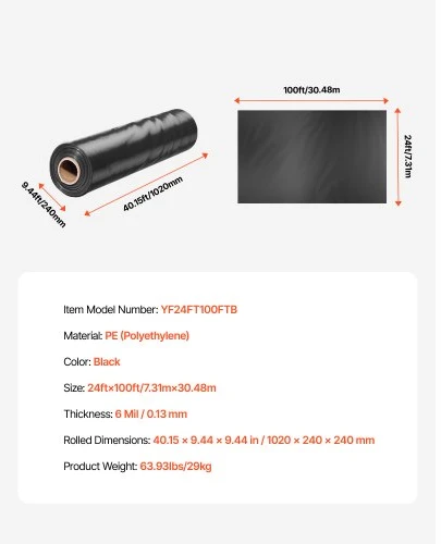 VEVOR Plastikinė plėvelė 24 x 100 pėdų, 6 mil, juoda