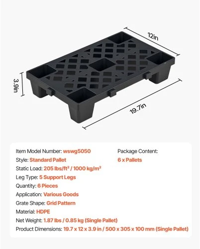 Koduva VEVOR plastikinės paletės, 6 vnt., 500 x 305 x 100 mm, juodos