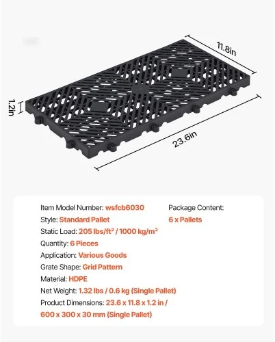 Koduva VEVOR plastikinės paletės, 6 vnt., 600 x 300 x 30 mm, juodos