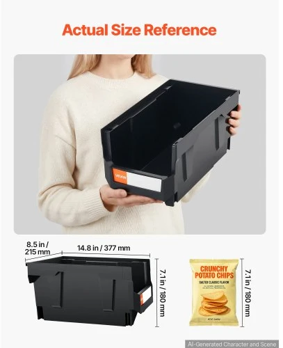 Koduva VEVOR plastikinės sukraunamos laikymo dėžės, 37,7 x 21,5 x 18 cm, 12 vnt., juoda ir skaidri