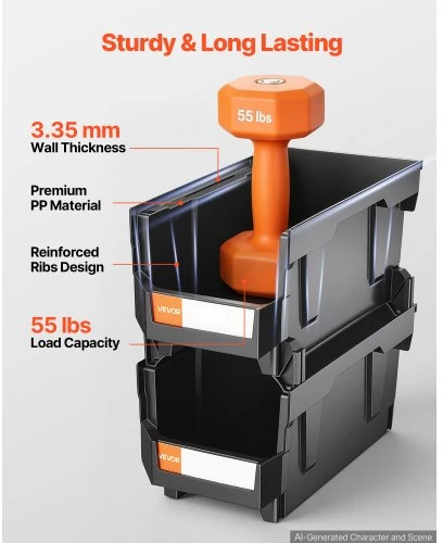 Koduva VEVOR plastikinės sukraunamos laikymo dėžės, 37,7 x 21,5 x 18 cm, 12 vnt., juoda ir skaidri