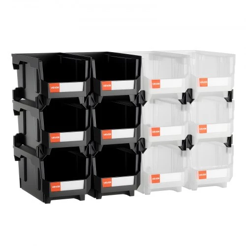 Koduva VEVOR plastikinės sukraunamos laikymo dėžės, 37,7 x 21,5 x 18 cm, 12 vnt., juoda ir skaidri