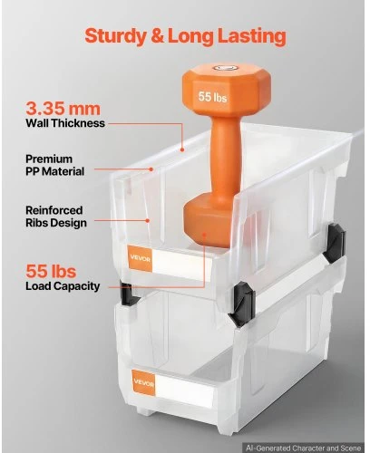 Koduva VEVOR plastikinės sukraunamos laikymo dėžės, 37,7 x 21,5 x 18 cm, 6 vnt., skaidrios