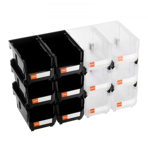 Koduva VEVOR plastikinės sukraunamos laikymo dėžės, 37,7 x 21,5 x 18 cm, 12 vnt., juoda ir skaidri