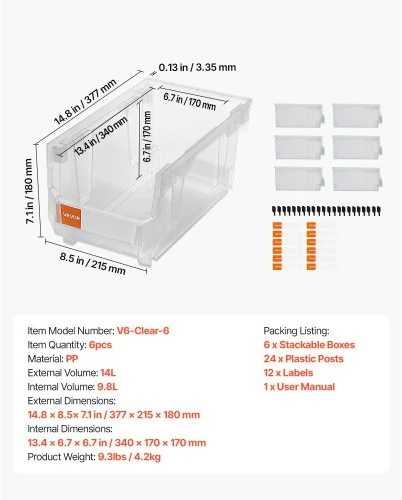 Koduva VEVOR plastikinės sukraunamos laikymo dėžės, 37,7 x 21,5 x 18 cm, 6 vnt., skaidrios