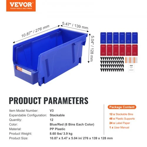 Koduva VEVOR plastikinis laikymo dėžutės rinkinys, mėlyna/raudona, 12 vnt., V3