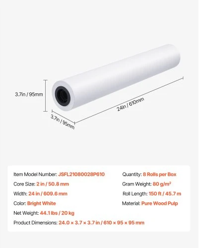 VEVOR Plataus formato popierius, 609,6 mm x 45,7 m, 8 ritiniai, 50,8 mm šerdis, 80 GSM
