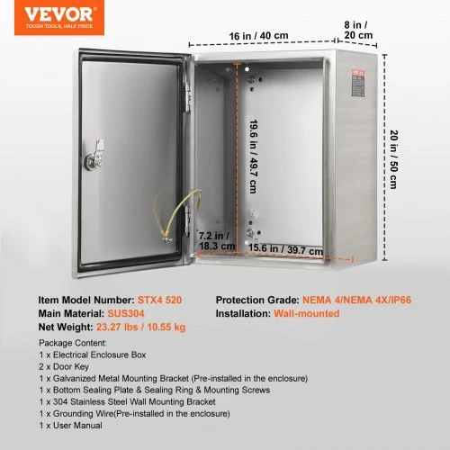 VEVOR Plieninė elektros dėžė, 50,8 x 40,6 x 20,3 cm, 304 nerūdijančio plieno sieninis elektrinis korpusas