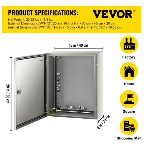 VEVOR Plieninė elektros spinta, 50 x 40 x 20 cm, NEMA 4X, IP66, su montavimo plokšte