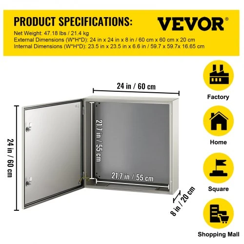 VEVOR Plieninė elektros spinta 60 x 60 x 20 cm, NEMA 4X, IP66, su montavimo plokšte