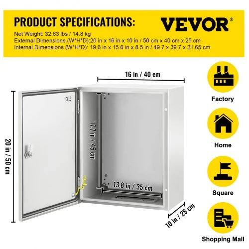 Koduva VEVOR plieninė elektros spinta, NEMA 4X, 50x40x25 cm, IP66, su montavimo plokšte