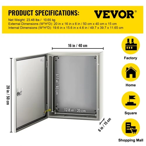 VEVOR Plieninė elektros spinta NEMA 4X, 50 x 40 x 15 cm, IP66, su montavimo plokšte