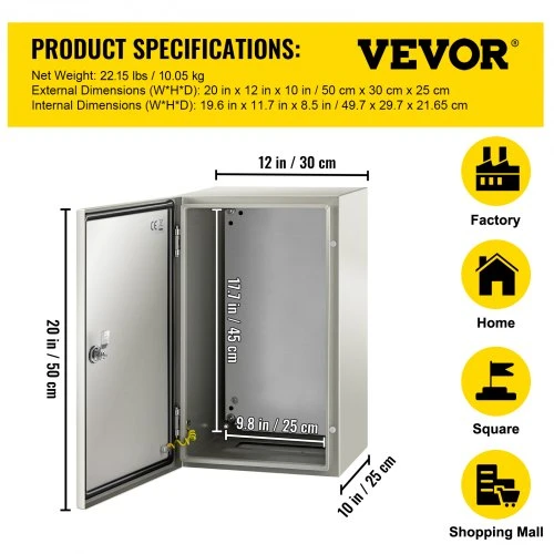 VEVOR Plieninė elektros spinta NEMA 4X, 50,8 x 30,5 x 25,4 cm, IP66, su montavimo plokšte