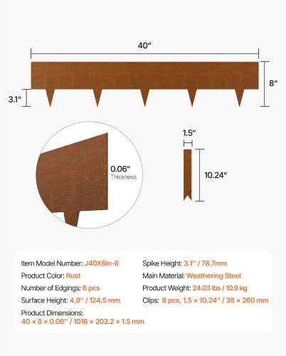 VEVOR Plieninė kraštinė kraštovaizdžiui, 6 vnt., 40 x 8 col., rūdims atspari, lenkiama, su „Shark Spike“