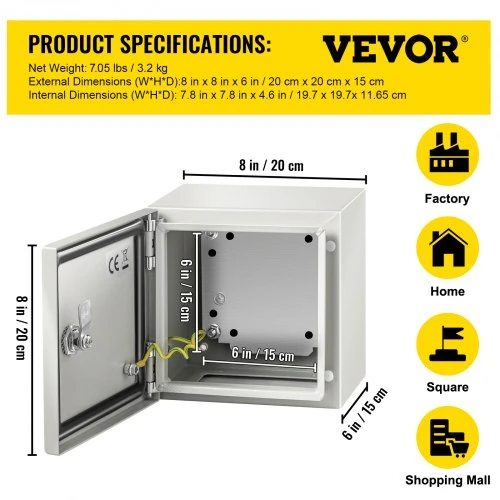 VEVOR Plieninis elektros korpusas 20 x 20 x 15 cm, pilkai baltas