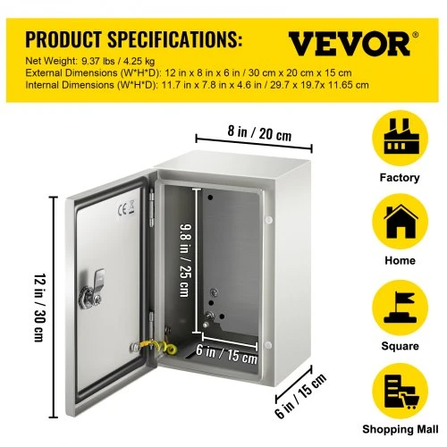 VEVOR Plieninis elektros korpusas 30 x 20 x 15 cm, su montavimo plokšte